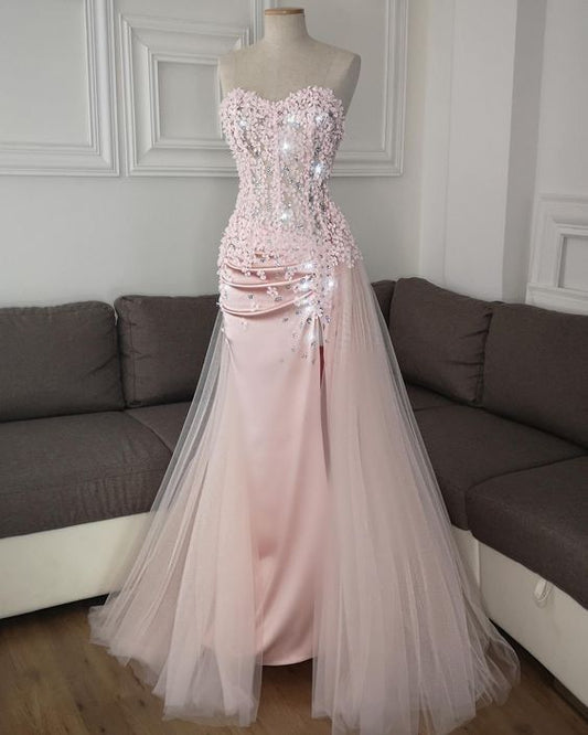 Shiny Pink Sequin Sweetheart Neck Off-the-shoulder Satin Slit Tulle Mermaid Prom Dress Evening Dress TP2776