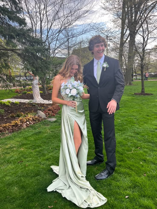 Simple one-shoulder green satin slit floor-length prom dress bridesmaid dress TP2777