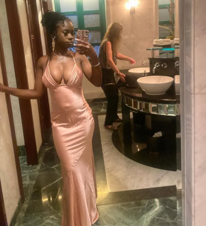Sexy Pink Halter Neck Low Cut Satin Mermaid Long Prom Dress Evening Dress TP2780