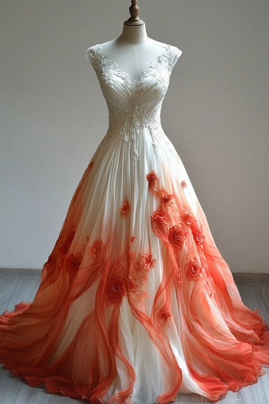 Fantasy White and Orange V-Neck Sleeveless A-Line Vintage Long Prom Dress TP2781