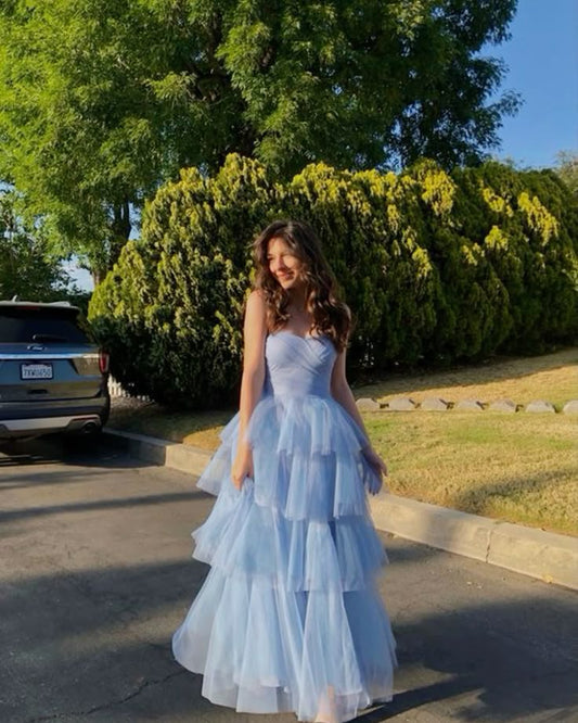 Elegant Blue Strapless Sleeveless Tulle Layered A-Line Long Prom Dress Evening Dress TP2783
