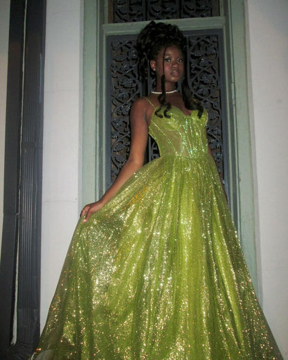 Shiny Green Strapless A-Line Long Prom Dress Evening Dress TP2784