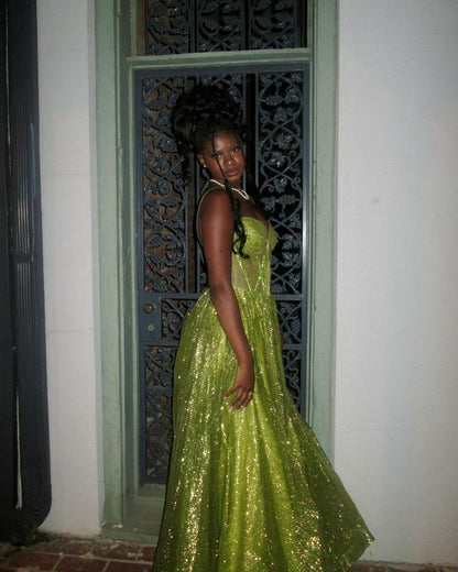 Shiny Green Strapless A-Line Long Prom Dress Evening Dress TP2784