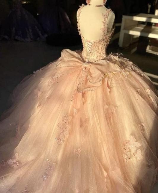 Sweet pink shoulder strap sequined bowknot V-neck butterfly A-line tulle prom dress princess dress TP2785