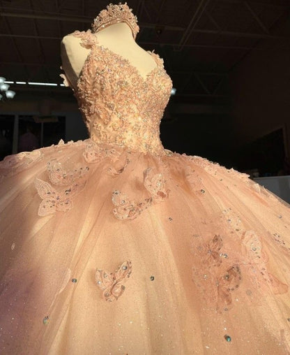 Sweet pink shoulder strap sequined bowknot V-neck butterfly A-line tulle prom dress princess dress TP2785