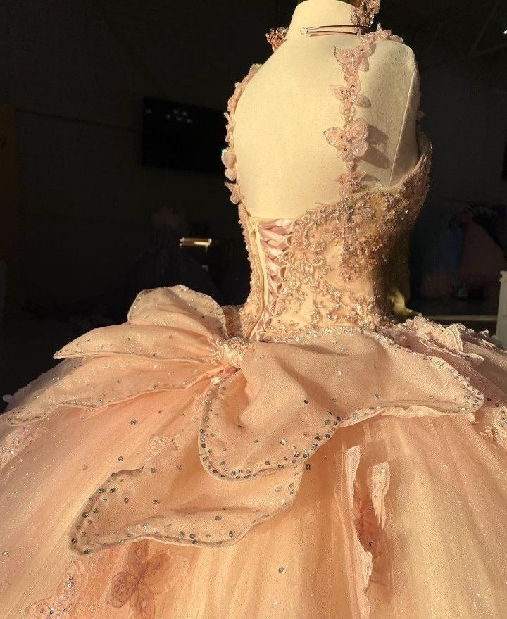 Sweet pink shoulder strap sequined bowknot V-neck butterfly A-line tulle prom dress princess dress TP2785