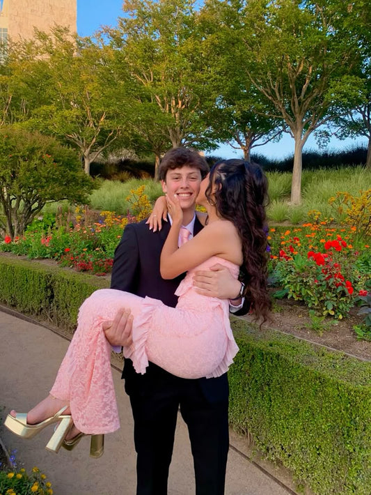 Pretty Pink Lace Strapless Mermaid Ruffle Prom Dress Evening Dress TP2786