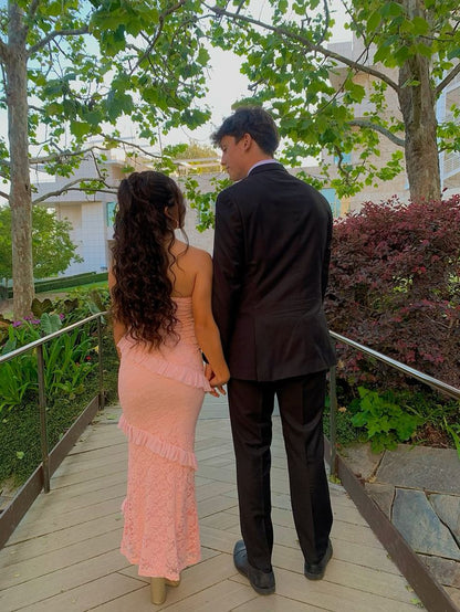 Pretty Pink Lace Strapless Mermaid Ruffle Prom Dress Evening Dress TP2786