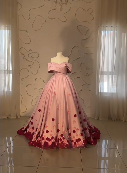 18th Birthday Pink Off Shoulder Satin 3D Flower A-Line Long Party Dress Prom Dress TP2787