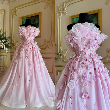 Sweet Pink Strapless 3D Flower A-Line Beaded Long Prom Dress TP2788