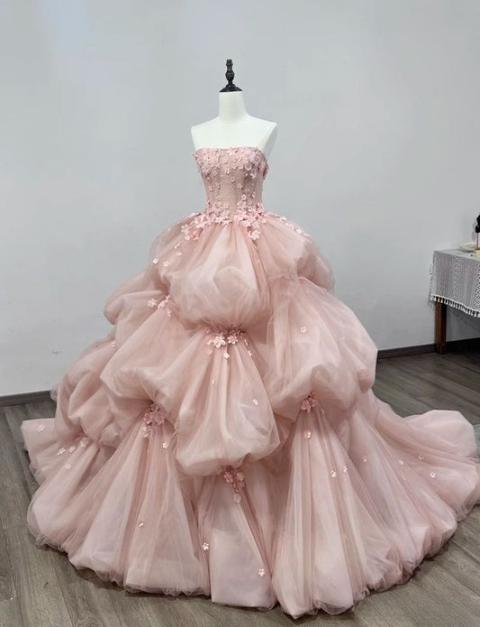Pretty Pink Strapless A-Line 3D Flower Tulle A-Line Wedding Dress Evening Gown TP2789