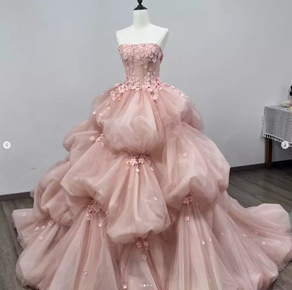 Pretty Pink Strapless A-Line 3D Flower Tulle A-Line Wedding Dress Evening Gown TP2789