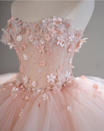Pretty Pink Strapless A-Line 3D Flower Tulle A-Line Wedding Dress Evening Gown TP2789