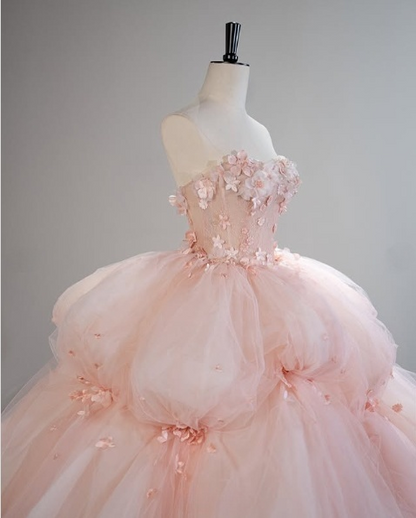 Pretty Pink Strapless A-Line 3D Flower Tulle A-Line Wedding Dress Evening Gown TP2789