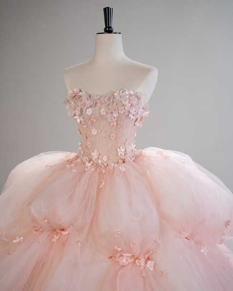 Pretty Pink Strapless A-Line 3D Flower Tulle A-Line Wedding Dress Evening Gown TP2789