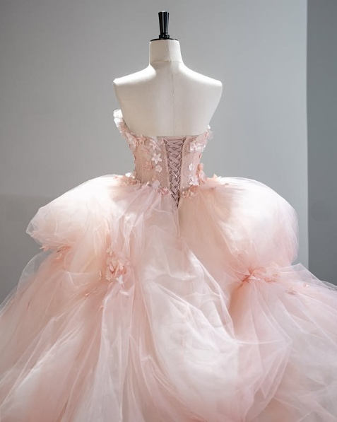 Pretty Pink Strapless A-Line 3D Flower Tulle A-Line Wedding Dress Evening Gown TP2789