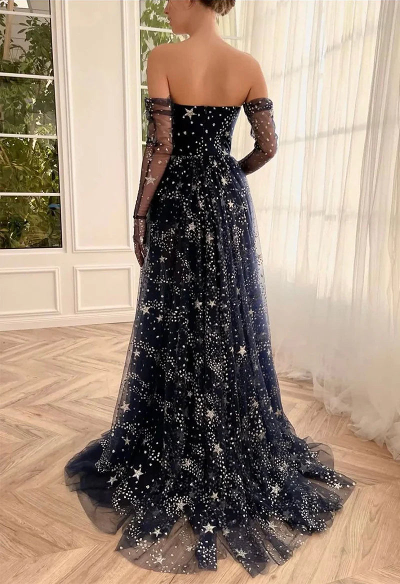 A-Line Tulle Dark Blue Long Prom Dress, Dark Blue Formal Dress TP47