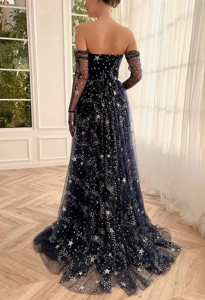 A-Line Tulle Dark Blue Long Prom Dress, Dark Blue Formal Dress TP47