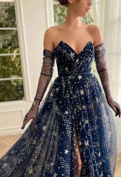 A-Line Tulle Dark Blue Long Prom Dress, Dark Blue Formal Dress TP47