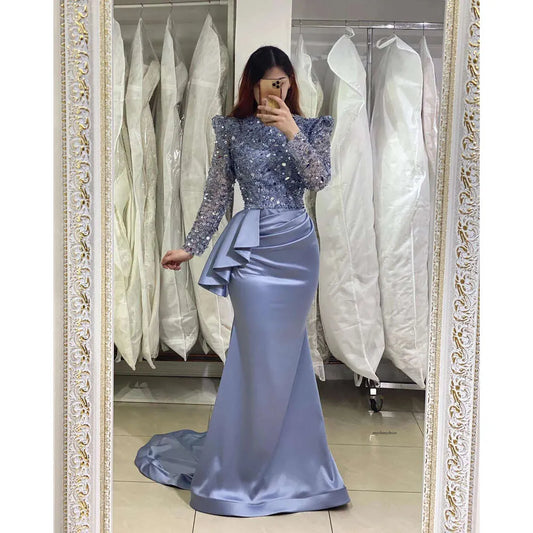 Elegant lavender long mermaid high neck beading  evening party gowns with long sleeves TP53
