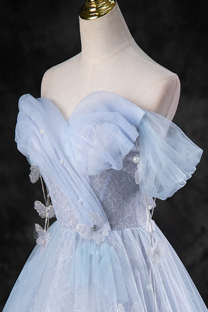 Blue Pearl Tulle Floor Length Prom Dress, A-Line Off the Shoulder Formal Party Dress TP95