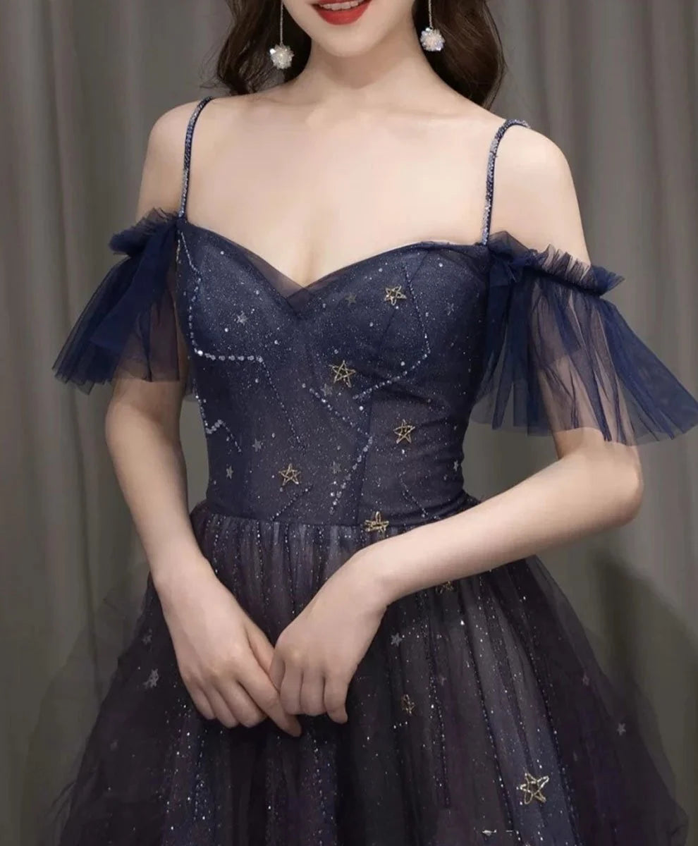 Dark starry sky purple tulle long prom dress purple evening dress TH257