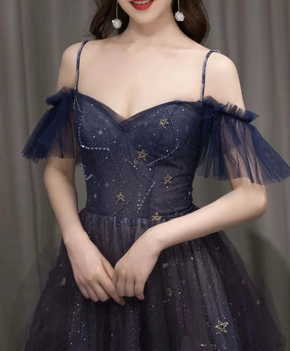 Dark starry sky purple tulle long prom dress purple evening dress TH257