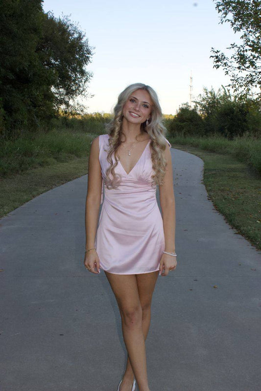 Vintage Pink Sleeveless Deep V-Neck Ruched Satin A-Line Homecoming Dress TP6027