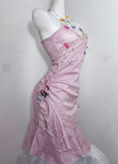 Glitter Pink Sequin Spaghetti Strap Butterfly Design 16th Birthday Party Dress Homecoming Dress TP4042