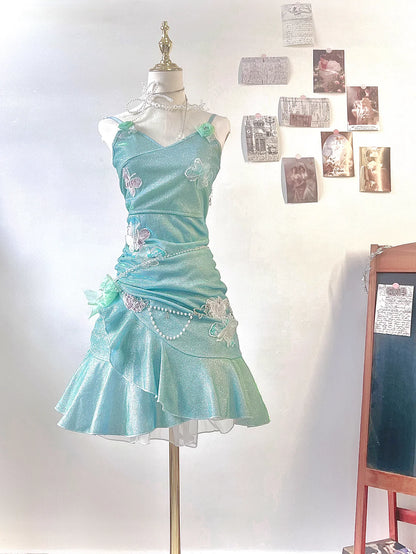Fashion Mint Green Sparkling Sequin Spaghetti Strap Ruffled Hem Short 16th Birthday Party Dress Homecoming Dress TP4039