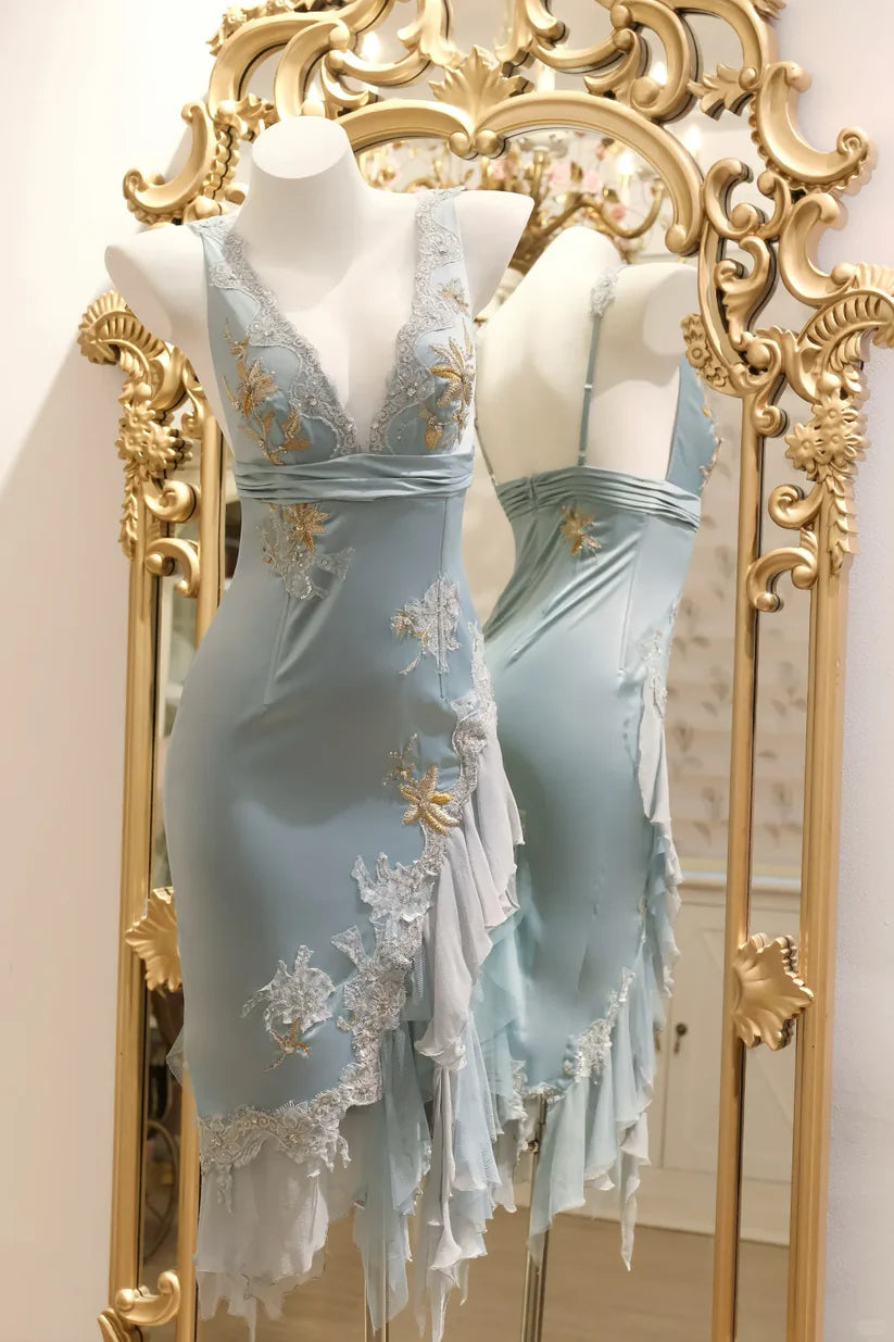 Romantic V-Neck Beaded Floral Embroidery Bodycon Ruffled Asymmetrical Hem Homecoming Dress TP5943