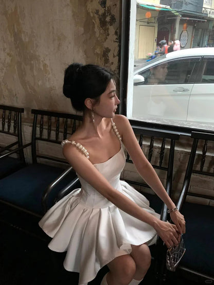 Vintage White Pearl Strap Square Neck Irregular Hem Ruffle A-Line Homecoming Dress TP5940