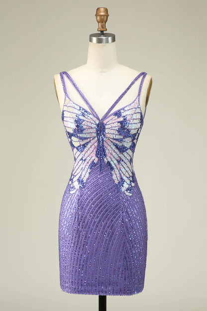 Charming Sheath Spaghetti Straps Purple Sequins Design A-line Homecoming Dress TP3645