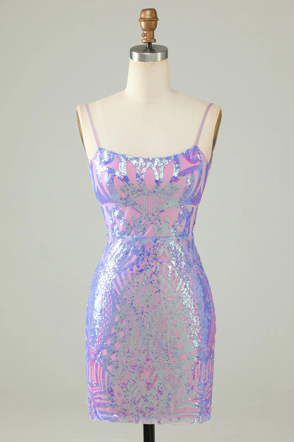 Chic Light Purple Sequin Lace-up Design A-line Spaghetti Strap Homecoming Dress TP3627