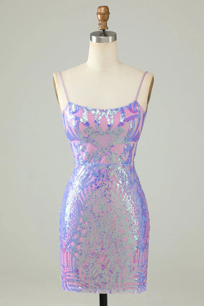Chic Light Purple Sequin Lace-up Design A-line Spaghetti Strap Homecoming Dress TP3627