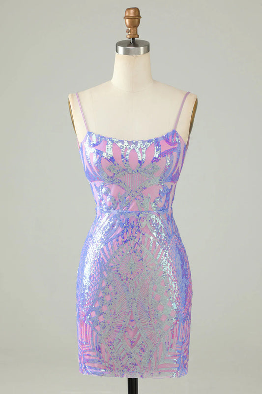 Chic Light Purple Sequin Lace-up Design A-line Spaghetti Strap Homecoming Dress TP3627