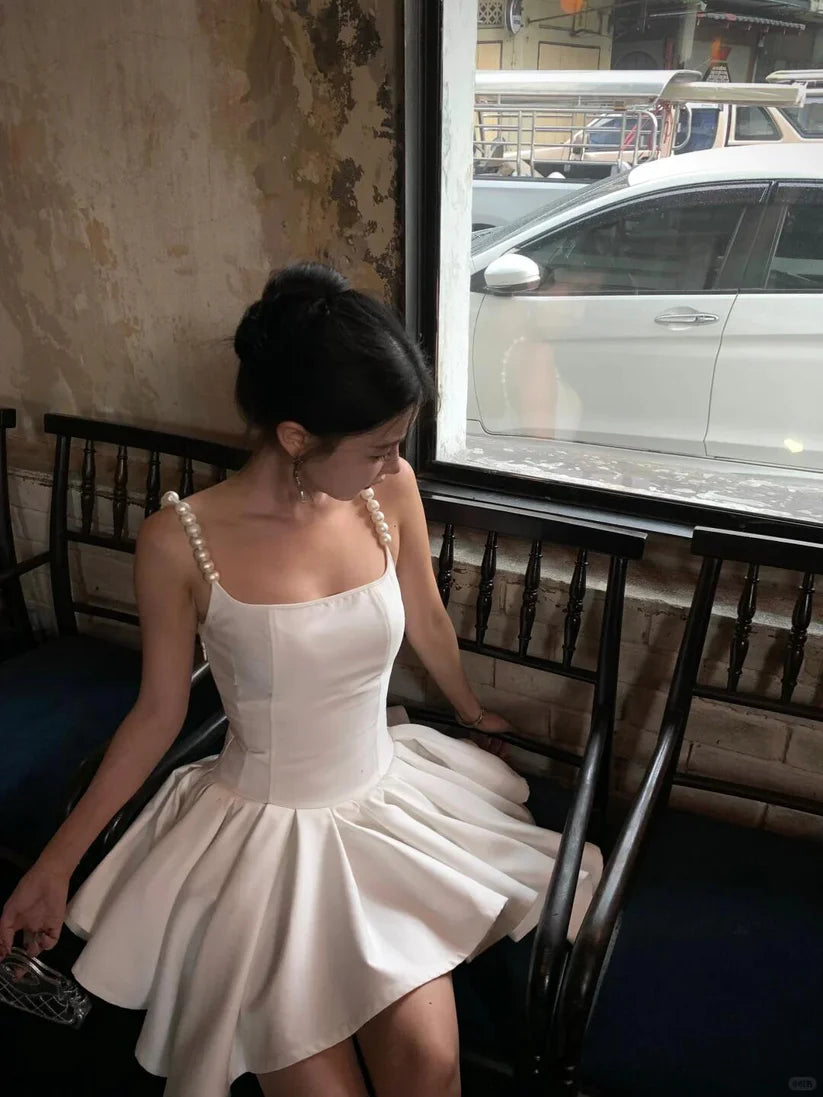 Vintage White Pearl Strap Square Neck Irregular Hem Ruffle A-Line Homecoming Dress TP5940