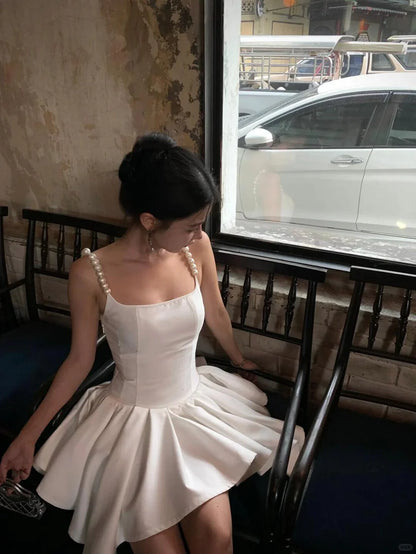 Vintage White Pearl Strap Square Neck Irregular Hem Ruffle A-Line Homecoming Dress TP5940