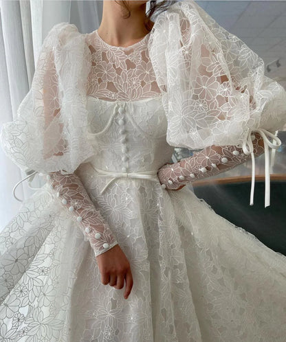 Vintage Ivory High Neck Wedding Dress Puff Long Sleeve Floral Lace A-Line Wedding TP5912