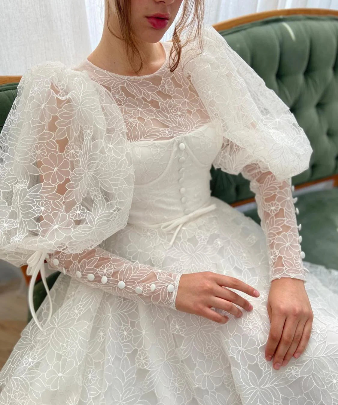 Vintage Ivory High Neck Wedding Dress Puff Long Sleeve Floral Lace A-Line Wedding TP5912