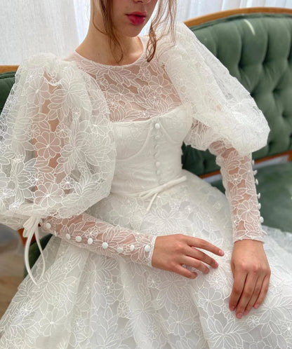Vintage Ivory High Neck Wedding Dress Puff Long Sleeve Floral Lace A-Line Wedding TP5912