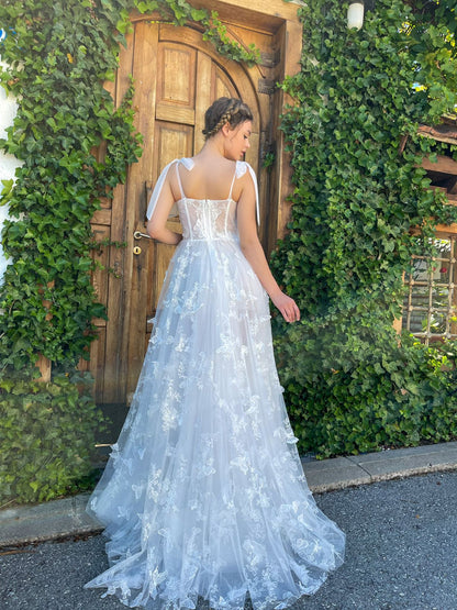 Romantic Sweetheart Sheer Ribbon Bow Shoulder Lace Tulle A-Line High Slit A-Line Wedding Dress TP5917