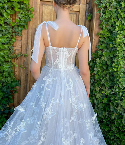 Romantic Sweetheart Sheer Ribbon Bow Shoulder Lace Tulle A-Line High Slit A-Line Wedding Dress TP5917