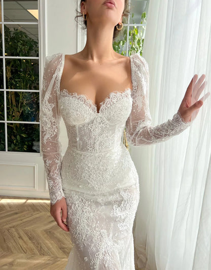 Romantic Ivory Sweetheart Puff Long Sleeve Lace Mermaid Wedding Dress TP5916