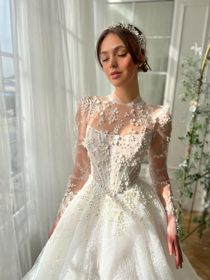 Romantic 3D Floral & Pearl Beaded Lace Bodice Illusion High Neck Puff Long Sleeve A-Line Wedding Dress TP5915