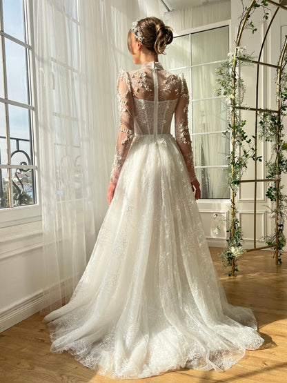 Romantic 3D Floral & Pearl Beaded Lace Bodice Illusion High Neck Puff Long Sleeve A-Line Wedding Dress TP5915