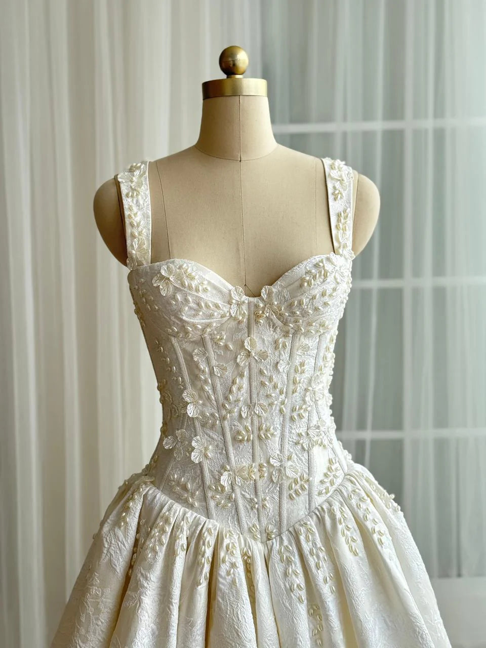 Elegant Spaghetti Strap Sweetheart Jacquard Satin Lace Beaded Corset Long Train A-Line Wedding Dress TP5910