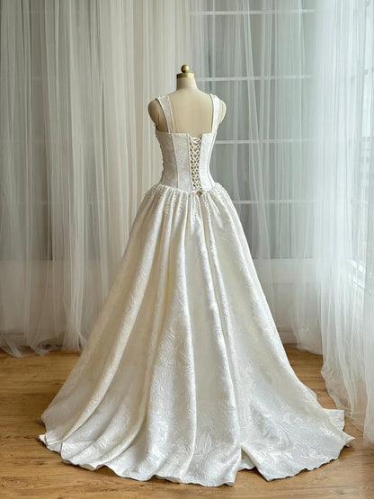 Elegant Spaghetti Strap Sweetheart Jacquard Satin Lace Beaded Corset Long Train A-Line Wedding Dress TP5910