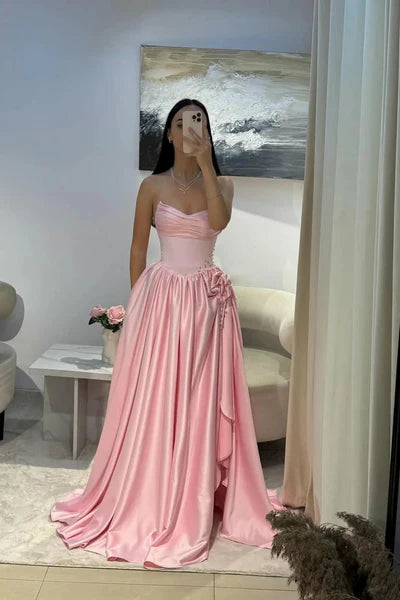 Vintage Pink Satin Strapless Evening Gown Beaded High Slit Party Dress Long Formal Dress TP4971