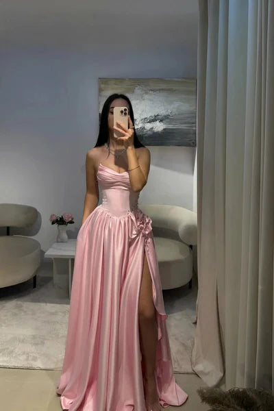 Vintage Pink Satin Strapless Evening Gown Beaded High Slit Party Dress Long Formal Dress TP4971